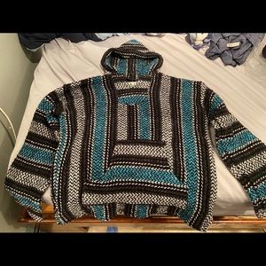 Blue white and black drug rug